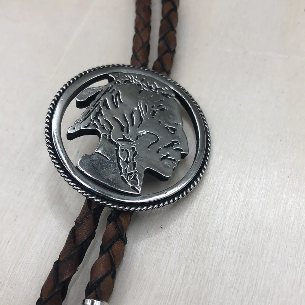 Vintage Native American Indian Chief Coin Like Leather Bolo Tie Necklace
